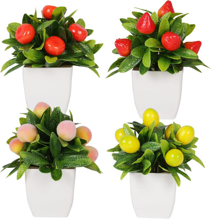 4pcs Small Fake Plant Mini Artificial Fruit Potted Plants Citrus Peach Strawberry Lemon Fake Plants for Home Decor