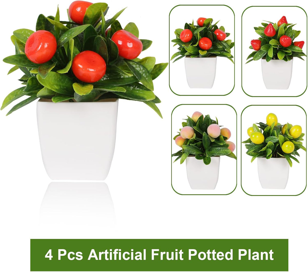 4pcs Small Fake Plant Mini Artificial Fruit Potted Plants Citrus Peach Strawberry Lemon Fake Plants for Home Decor