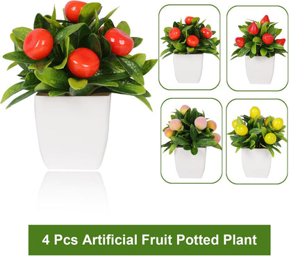 4pcs Small Fake Plant Mini Artificial Fruit Potted Plants Citrus Peach Strawberry Lemon Fake Plants for Home Decor