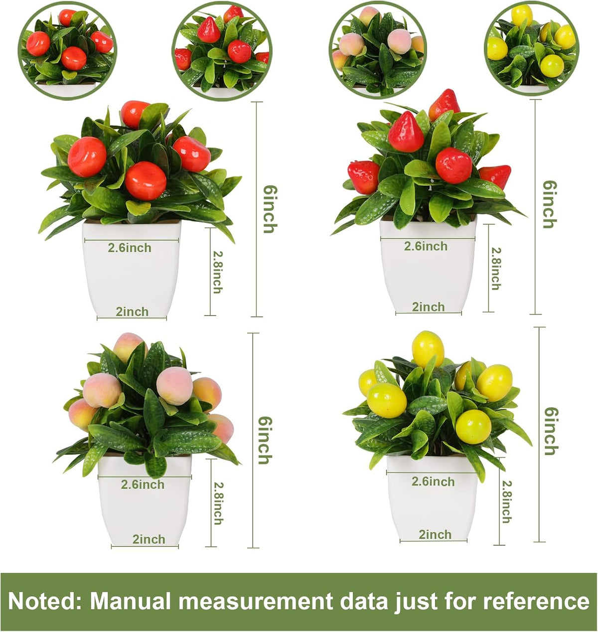 4pcs Small Fake Plant Mini Artificial Fruit Potted Plants Citrus Peach Strawberry Lemon Fake Plants for Home Decor