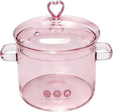 1900ml Pink Glass Cooking Pot with Heart-shaped Lid, Simmering Pot for Stovetop, Oven, and Dishwasher Use, Ideal for Pasta Soups Potpourri