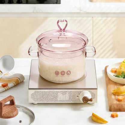 1900ml Pink Glass Cooking Pot with Heart-shaped Lid, Simmering Pot for Stovetop, Oven, and Dishwasher Use, Ideal for Pasta Soups Potpourri