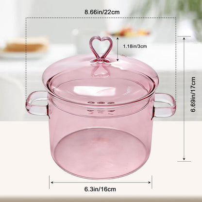 1900ml Pink Glass Cooking Pot with Heart-shaped Lid, Simmering Pot for Stovetop, Oven, and Dishwasher Use, Ideal for Pasta Soups Potpourri