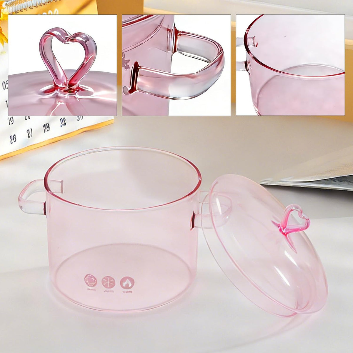 1900ml Pink Glass Cooking Pot with Heart-shaped Lid, Simmering Pot for Stovetop, Oven, and Dishwasher Use, Ideal for Pasta Soups Potpourri