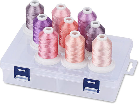 Embroidery Thread with Storage Box - 800 Yards/Spools | 9 Romantic Pink and Purple Colors for Embroidery and Sewing Machine