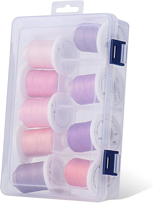 Embroidery Thread with Storage Box - 800 Yards/Spools | 9 Romantic Pink and Purple Colors for Embroidery and Sewing Machine