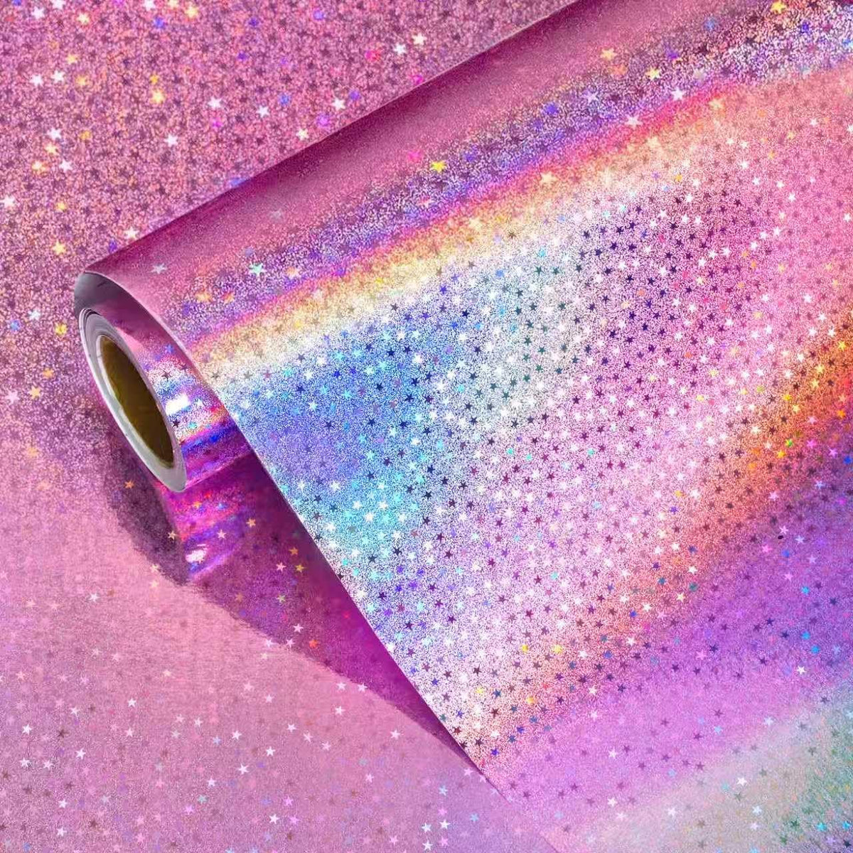 Pink Holographic Wrapping Paper Roll - Metallic Foil Stars Design Gift Wrap for Birthday Kpop Party Graduation Wedding Baby Shower(17 IN x 16.5 Ft)