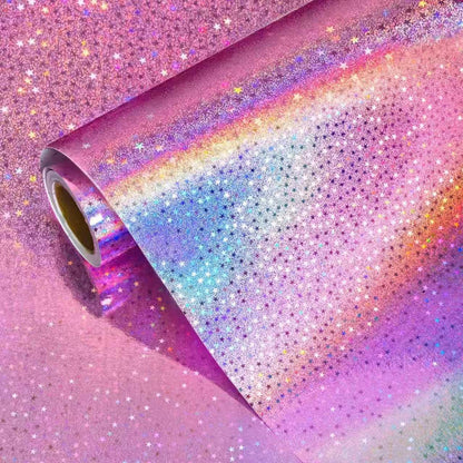 Pink Holographic Wrapping Paper Roll - Metallic Foil Stars Design Gift Wrap for Birthday Kpop Party Graduation Wedding Baby Shower(17 IN x 16.5 Ft)