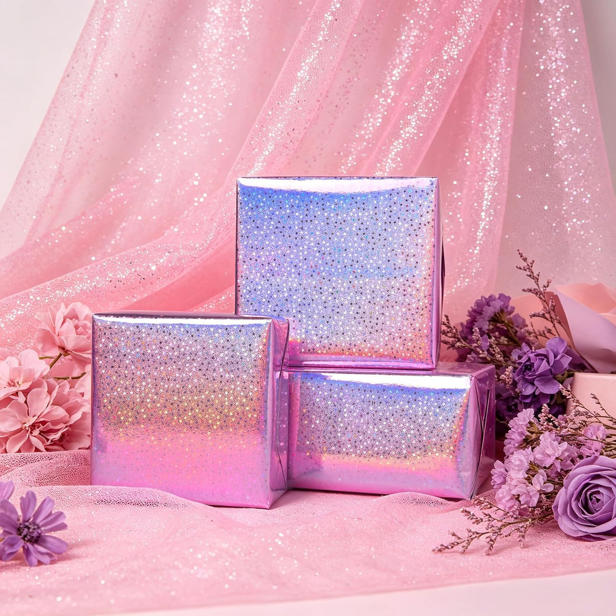 Pink Holographic Wrapping Paper Roll - Metallic Foil Stars Design Gift Wrap for Birthday Kpop Party Graduation Wedding Baby Shower(17 IN x 16.5 Ft)