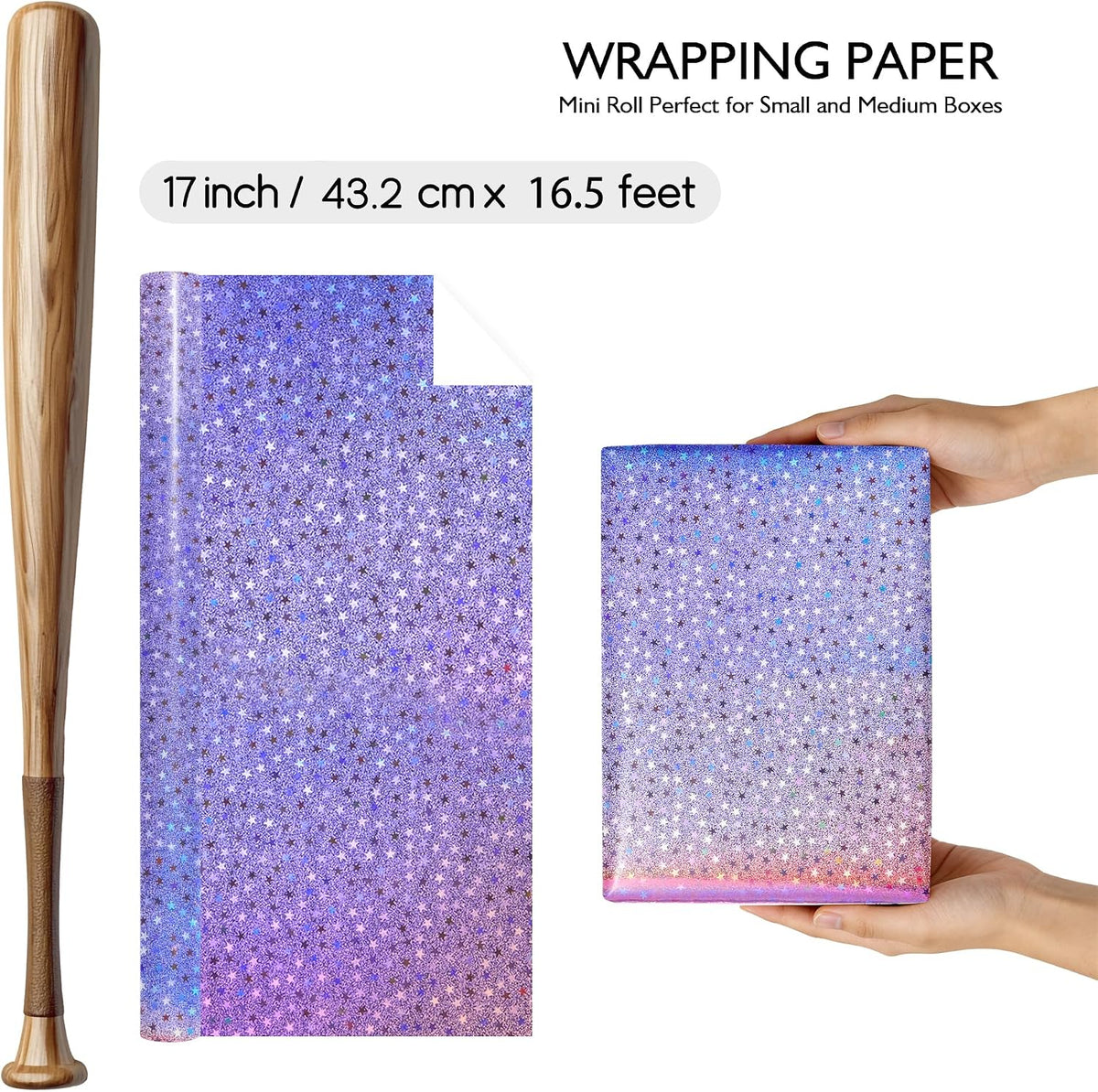 Pink Holographic Wrapping Paper Roll - Metallic Foil Stars Design Gift Wrap for Birthday Kpop Party Graduation Wedding Baby Shower(17 IN x 16.5 Ft)