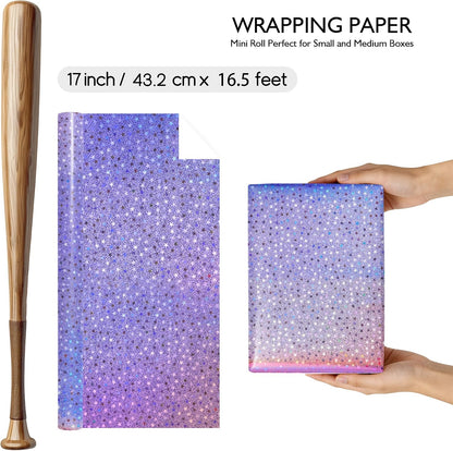 Pink Holographic Wrapping Paper Roll - Metallic Foil Stars Design Gift Wrap for Birthday Kpop Party Graduation Wedding Baby Shower(17 IN x 16.5 Ft)