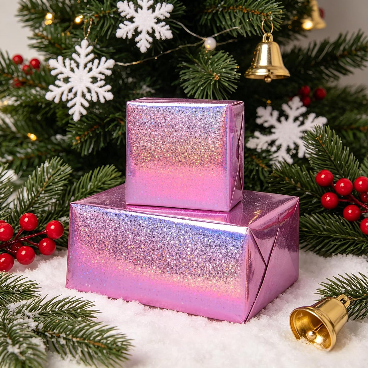 Pink Holographic Wrapping Paper Roll - Metallic Foil Stars Design Gift Wrap for Birthday Kpop Party Graduation Wedding Baby Shower(17 IN x 16.5 Ft)