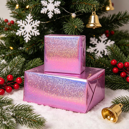Pink Holographic Wrapping Paper Roll - Metallic Foil Stars Design Gift Wrap for Birthday Kpop Party Graduation Wedding Baby Shower(17 IN x 16.5 Ft)