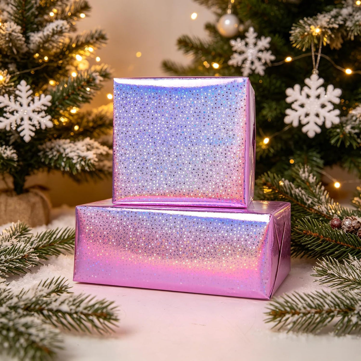 Pink Holographic Wrapping Paper Roll - Metallic Foil Stars Design Gift Wrap for Birthday Kpop Party Graduation Wedding Baby Shower(17 IN x 16.5 Ft)