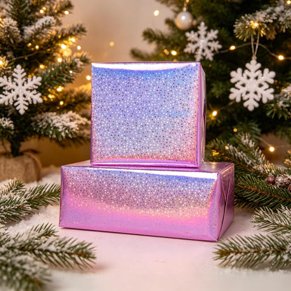Pink Holographic Wrapping Paper Roll - Metallic Foil Stars Design Gift Wrap for Birthday Kpop Party Graduation Wedding Baby Shower(17 IN x 16.5 Ft)