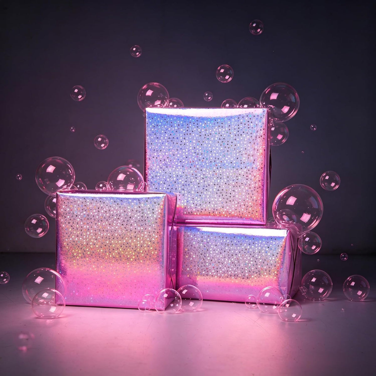 Pink Holographic Wrapping Paper Roll - Metallic Foil Stars Design Gift Wrap for Birthday Kpop Party Graduation Wedding Baby Shower(17 IN x 16.5 Ft)