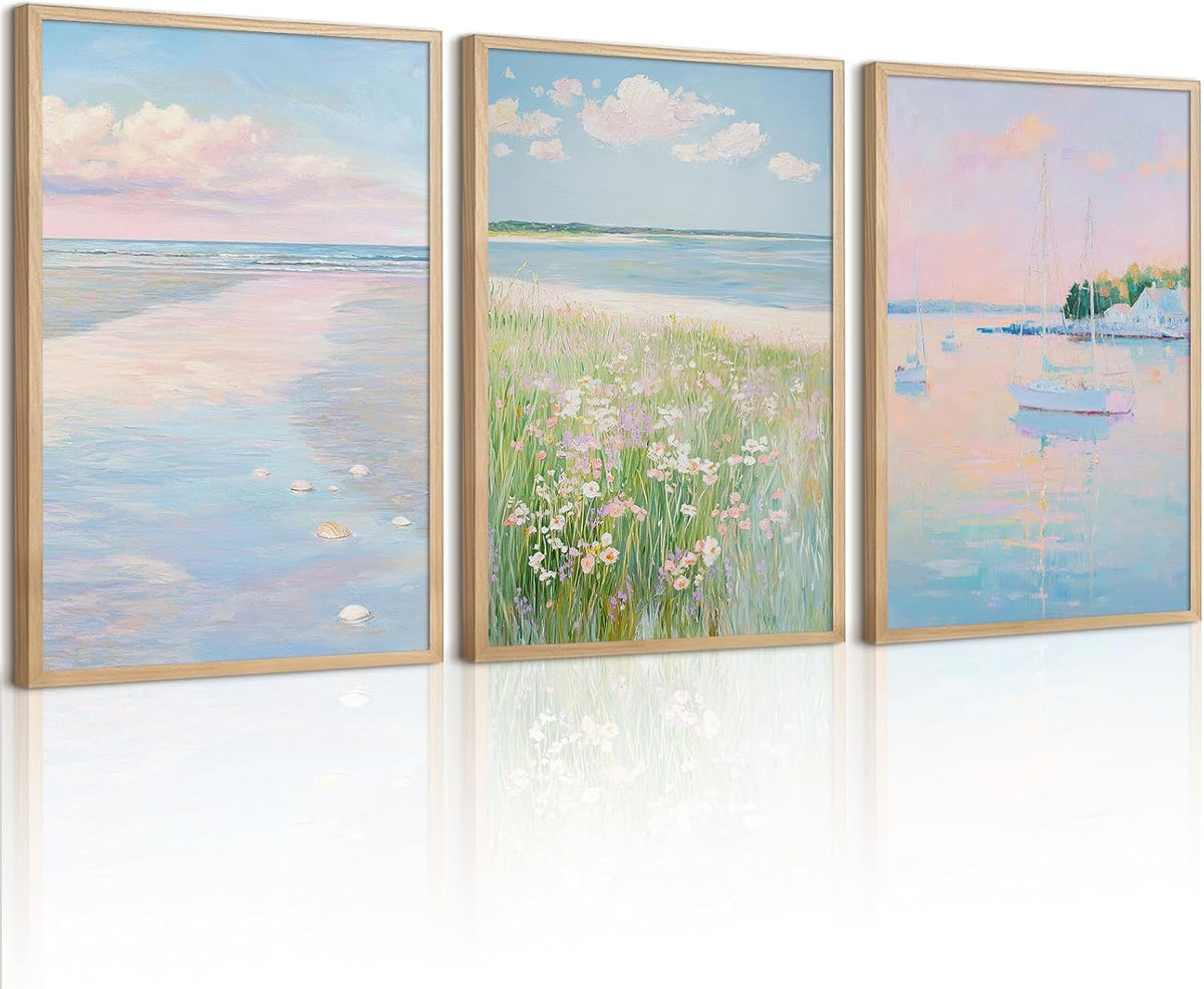 Pink Beach Wall Art Preppy Coastal Canvas Wall Decor Summer Beachy Posters Aesthetic Ocean Pictures Pastel Pink Beach Prints Painting Coastal Artwork for Living Room Bedroom 12x16 Inch Unframed 3Pcs