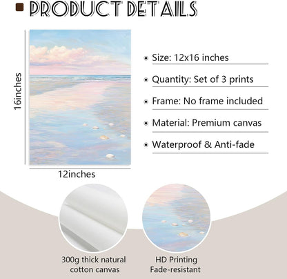 Pink Beach Wall Art Preppy Coastal Canvas Wall Decor Summer Beachy Posters Aesthetic Ocean Pictures Pastel Pink Beach Prints Painting Coastal Artwork for Living Room Bedroom 12x16 Inch Unframed 3Pcs