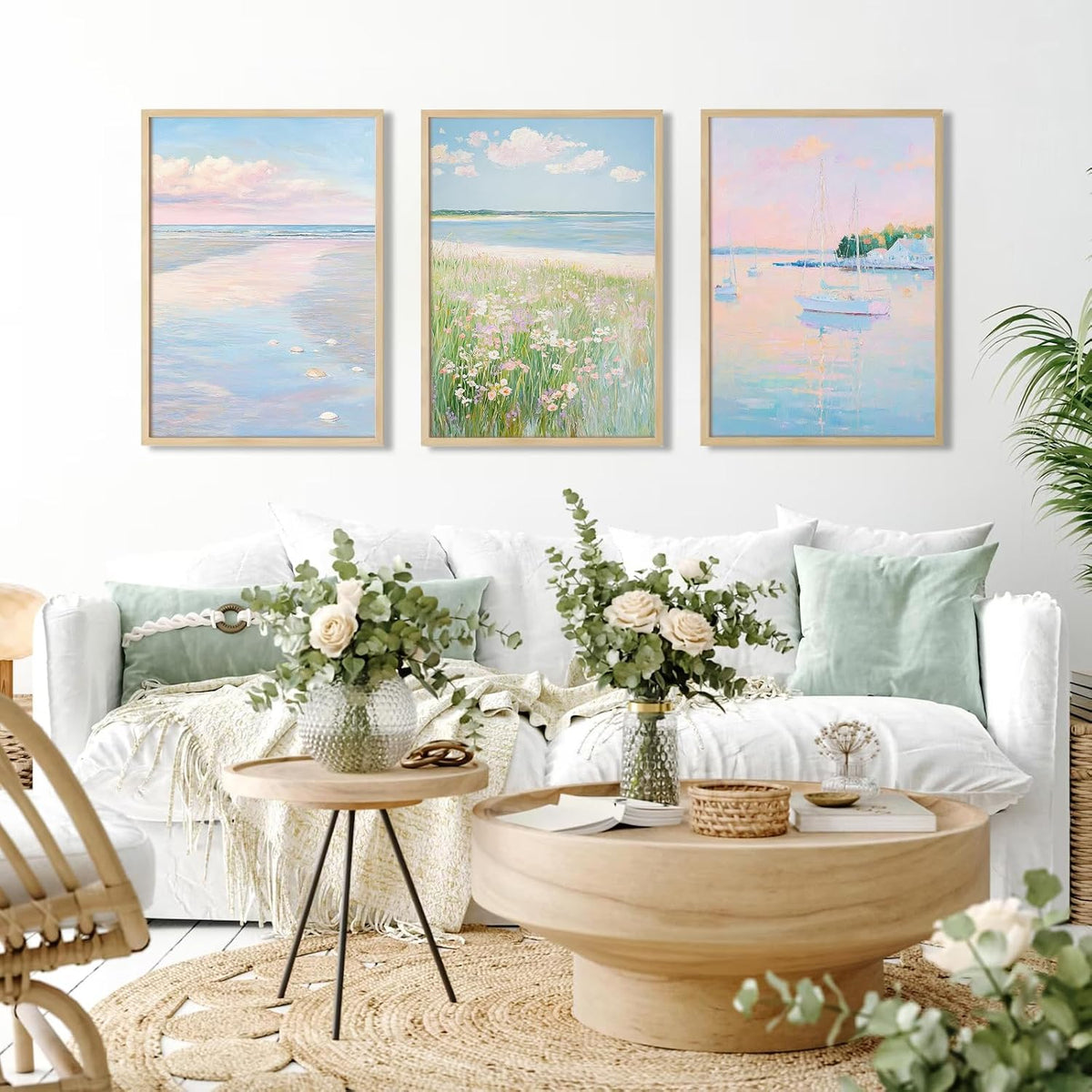 Pink Beach Wall Art Preppy Coastal Canvas Wall Decor Summer Beachy Posters Aesthetic Ocean Pictures Pastel Pink Beach Prints Painting Coastal Artwork for Living Room Bedroom 12x16 Inch Unframed 3Pcs