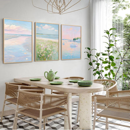 Pink Beach Wall Art Preppy Coastal Canvas Wall Decor Summer Beachy Posters Aesthetic Ocean Pictures Pastel Pink Beach Prints Painting Coastal Artwork for Living Room Bedroom 12x16 Inch Unframed 3Pcs