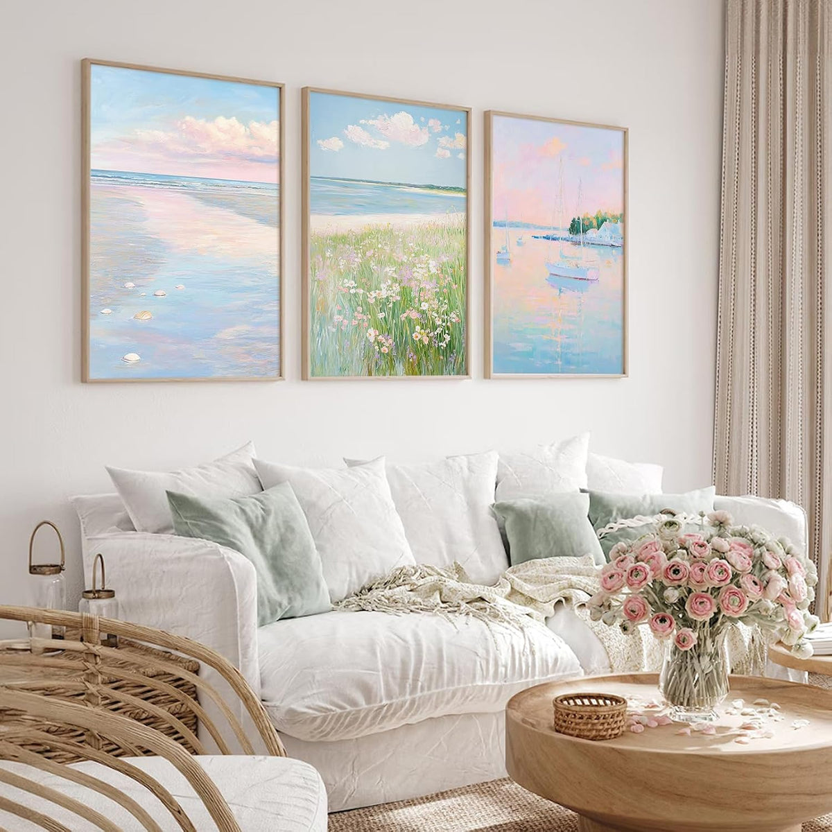Pink Beach Wall Art Preppy Coastal Canvas Wall Decor Summer Beachy Posters Aesthetic Ocean Pictures Pastel Pink Beach Prints Painting Coastal Artwork for Living Room Bedroom 12x16 Inch Unframed 3Pcs