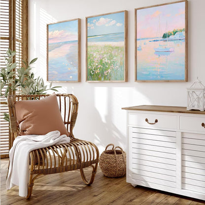 Pink Beach Wall Art Preppy Coastal Canvas Wall Decor Summer Beachy Posters Aesthetic Ocean Pictures Pastel Pink Beach Prints Painting Coastal Artwork for Living Room Bedroom 12x16 Inch Unframed 3Pcs