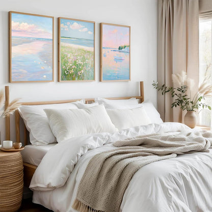 Pink Beach Wall Art Preppy Coastal Canvas Wall Decor Summer Beachy Posters Aesthetic Ocean Pictures Pastel Pink Beach Prints Painting Coastal Artwork for Living Room Bedroom 12x16 Inch Unframed 3Pcs