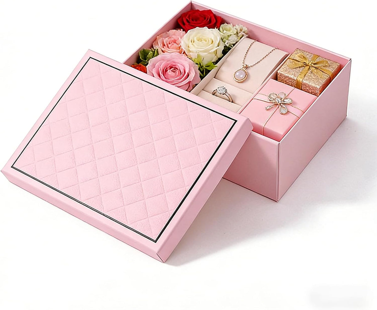 Pink Gift Box with Lids, 9.84" x 7.09" x 3.35" Large Gift Box for Presents, Complete Set with Luxury Filler, Card, Ribbon, Sticker, Ideal for Valentine's Day, Mother's Day, Birthday