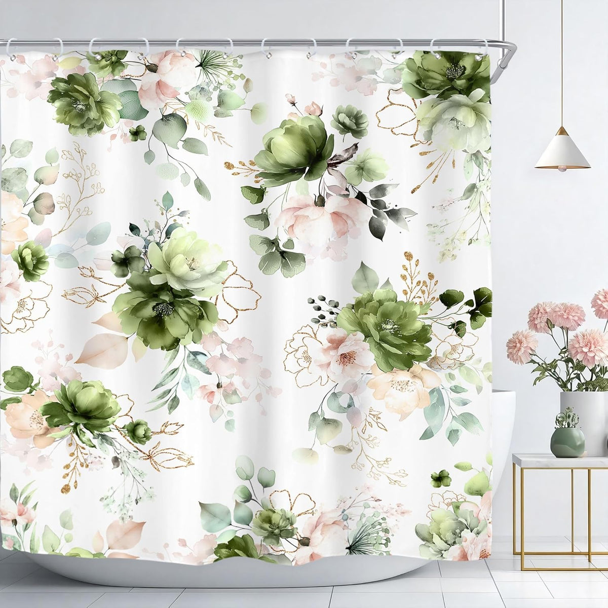Green Gold Floral Shower Curtain for Bathroom Decor 72Wx72H Cute Boho Rose Flower Botanical Spring Blossom Leaves Girly Sage Art Printed Fabric Polyester Waterproof 12 Pack Hooks