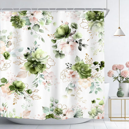 Green Gold Floral Shower Curtain for Bathroom Decor 72Wx72H Cute Boho Rose Flower Botanical Spring Blossom Leaves Girly Sage Art Printed Fabric Polyester Waterproof 12 Pack Hooks