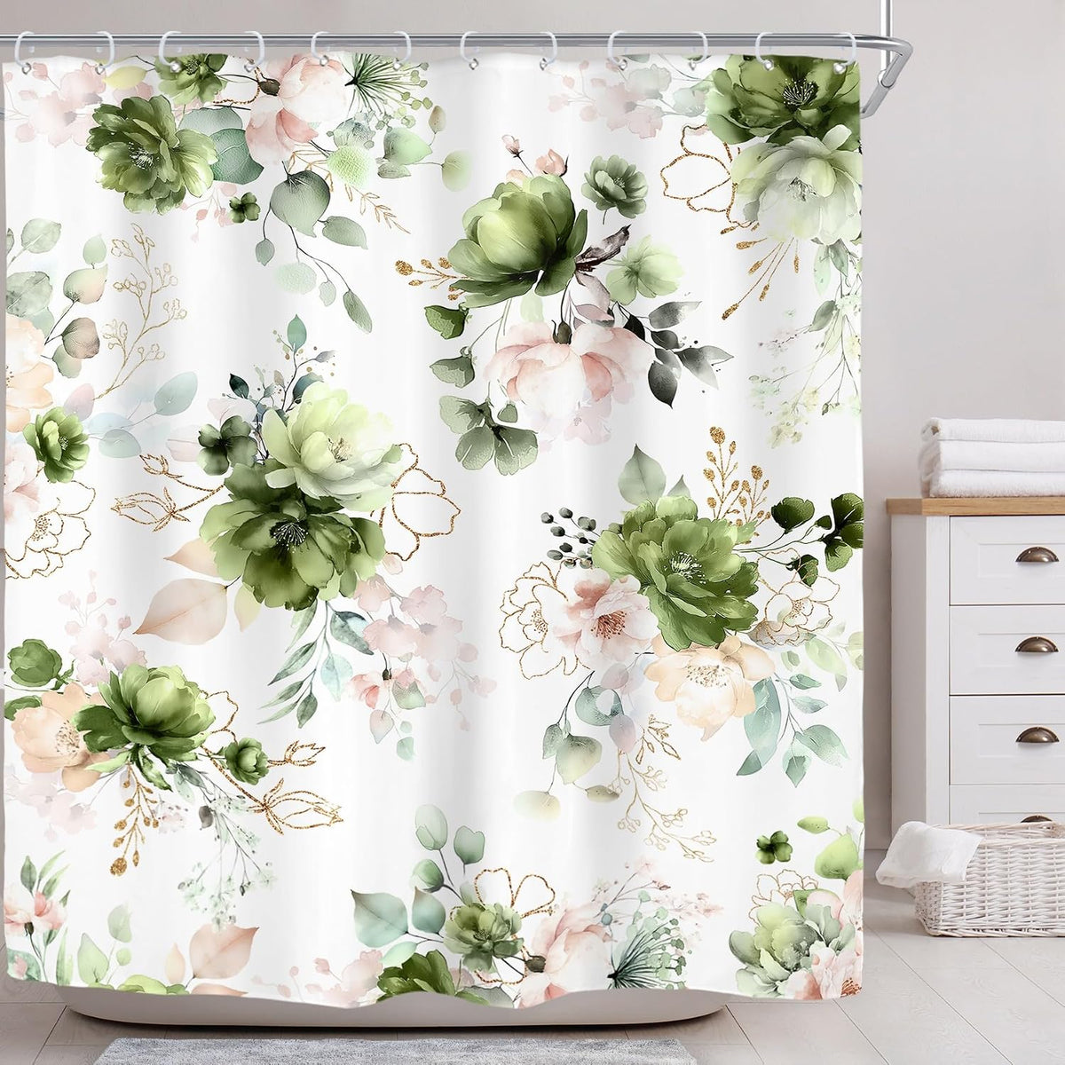 Green Gold Floral Shower Curtain for Bathroom Decor 72Wx72H Cute Boho Rose Flower Botanical Spring Blossom Leaves Girly Sage Art Printed Fabric Polyester Waterproof 12 Pack Hooks