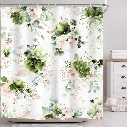 Green Gold Floral Shower Curtain for Bathroom Decor 72Wx72H Cute Boho Rose Flower Botanical Spring Blossom Leaves Girly Sage Art Printed Fabric Polyester Waterproof 12 Pack Hooks