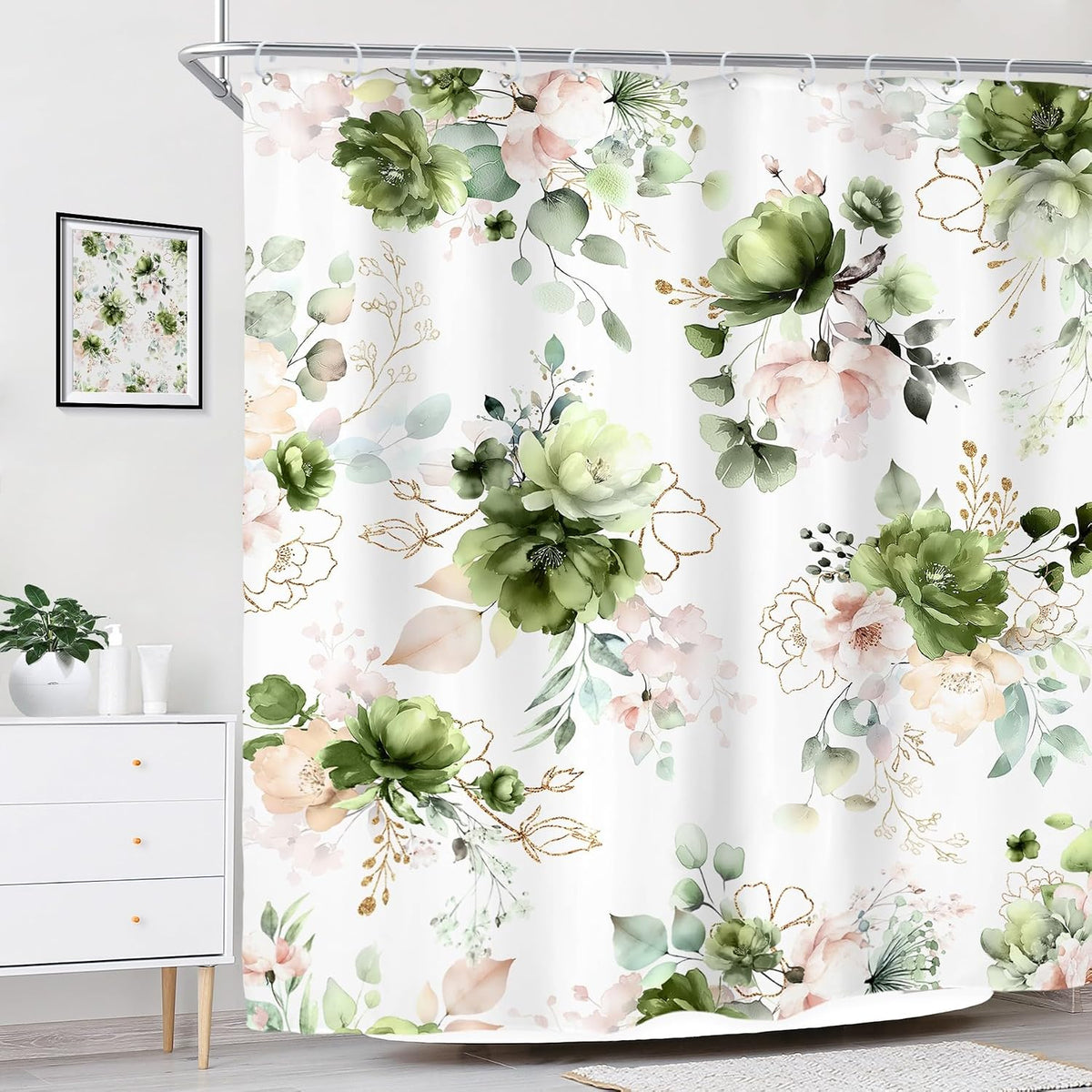 Green Gold Floral Shower Curtain for Bathroom Decor 72Wx72H Cute Boho Rose Flower Botanical Spring Blossom Leaves Girly Sage Art Printed Fabric Polyester Waterproof 12 Pack Hooks