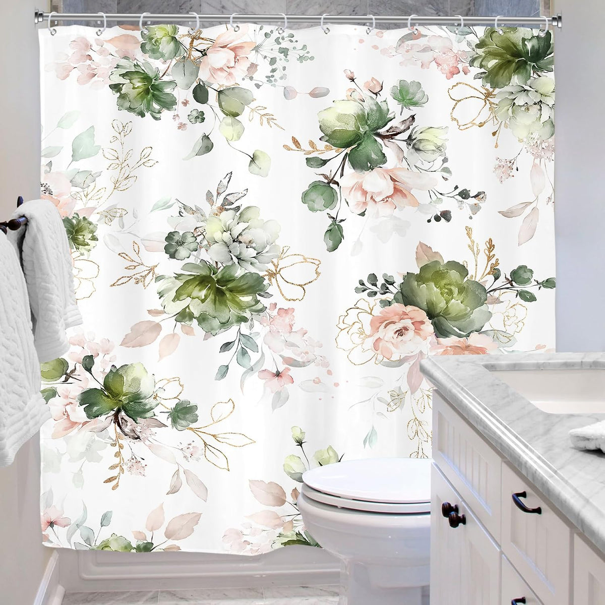 Green Gold Floral Shower Curtain for Bathroom Decor 72Wx72H Cute Boho Rose Flower Botanical Spring Blossom Leaves Girly Sage Art Printed Fabric Polyester Waterproof 12 Pack Hooks