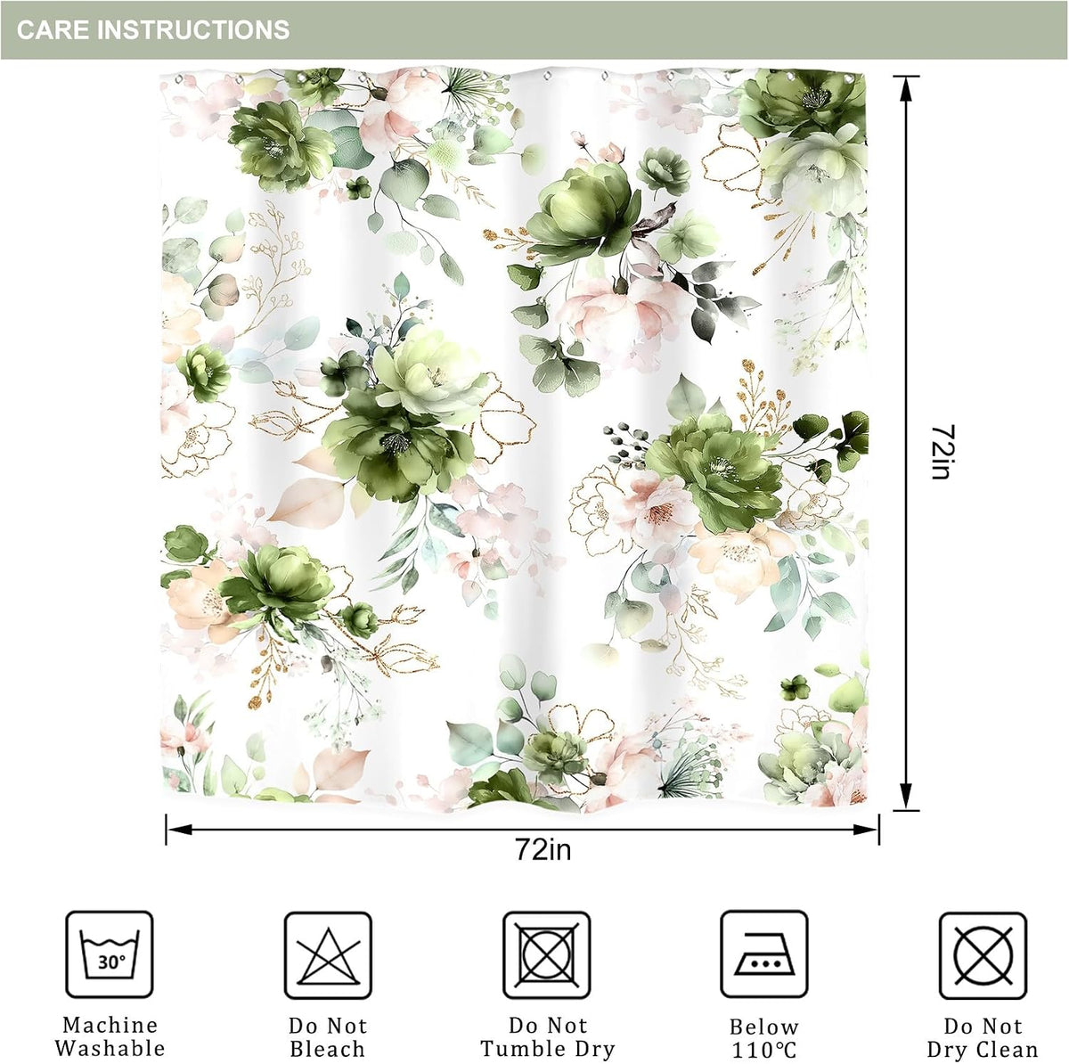 Green Gold Floral Shower Curtain for Bathroom Decor 72Wx72H Cute Boho Rose Flower Botanical Spring Blossom Leaves Girly Sage Art Printed Fabric Polyester Waterproof 12 Pack Hooks