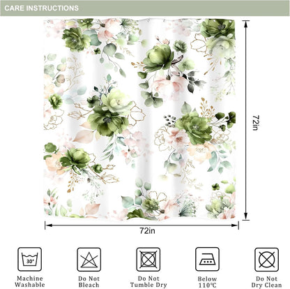 Green Gold Floral Shower Curtain for Bathroom Decor 72Wx72H Cute Boho Rose Flower Botanical Spring Blossom Leaves Girly Sage Art Printed Fabric Polyester Waterproof 12 Pack Hooks