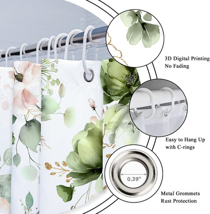 Green Gold Floral Shower Curtain for Bathroom Decor 72Wx72H Cute Boho Rose Flower Botanical Spring Blossom Leaves Girly Sage Art Printed Fabric Polyester Waterproof 12 Pack Hooks