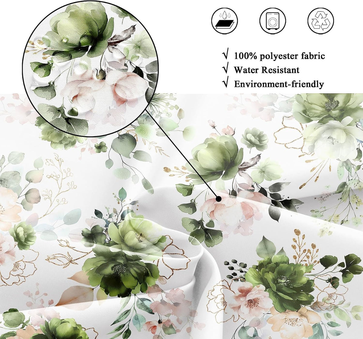 Green Gold Floral Shower Curtain for Bathroom Decor 72Wx72H Cute Boho Rose Flower Botanical Spring Blossom Leaves Girly Sage Art Printed Fabric Polyester Waterproof 12 Pack Hooks