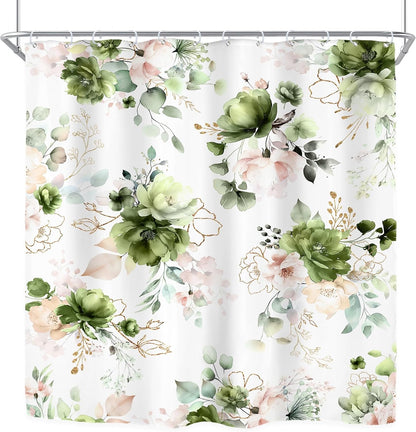 Green Gold Floral Shower Curtain for Bathroom Decor 72Wx72H Cute Boho Rose Flower Botanical Spring Blossom Leaves Girly Sage Art Printed Fabric Polyester Waterproof 12 Pack Hooks