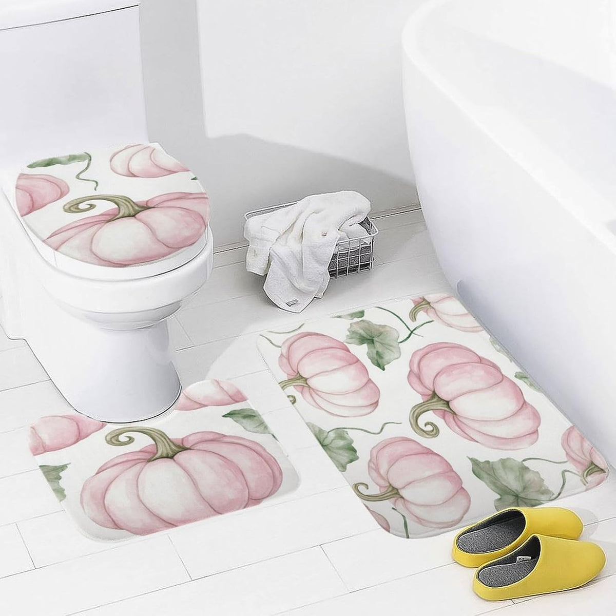 3 Pieces Bathroom Rug Set Light Pink Pumpkins Bath Rug and U-Shape Contoured Toilet Mat & Toilet Lid Cover Mat Farmhouse Thanksgiving Fall Bath Carpet Bath Mats 20"x32"