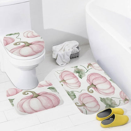 3 Pieces Bathroom Rug Set Light Pink Pumpkins Bath Rug and U-Shape Contoured Toilet Mat & Toilet Lid Cover Mat Farmhouse Thanksgiving Fall Bath Carpet Bath Mats 20"x32"