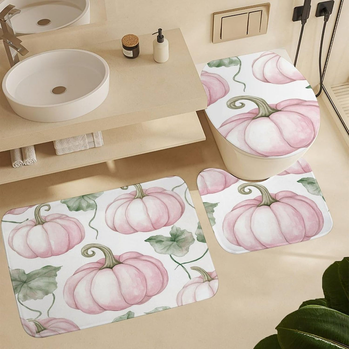 3 Pieces Bathroom Rug Set Light Pink Pumpkins Bath Rug and U-Shape Contoured Toilet Mat & Toilet Lid Cover Mat Farmhouse Thanksgiving Fall Bath Carpet Bath Mats 20"x32"