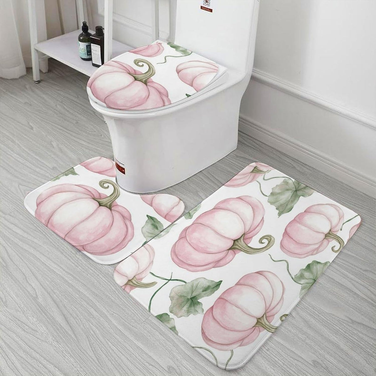 3 Pieces Bathroom Rug Set Light Pink Pumpkins Bath Rug and U-Shape Contoured Toilet Mat & Toilet Lid Cover Mat Farmhouse Thanksgiving Fall Bath Carpet Bath Mats 20"x32"
