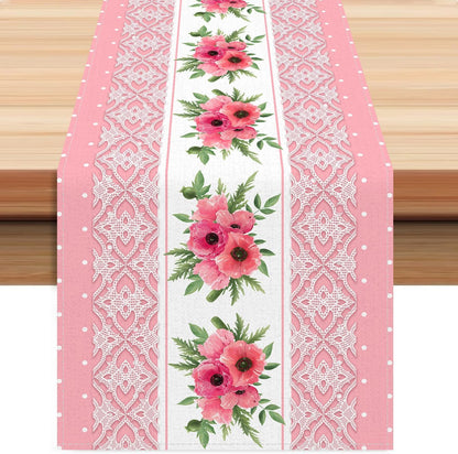 Pink Printed Lace Floral Spring Table Runner, 13x72 Inch
