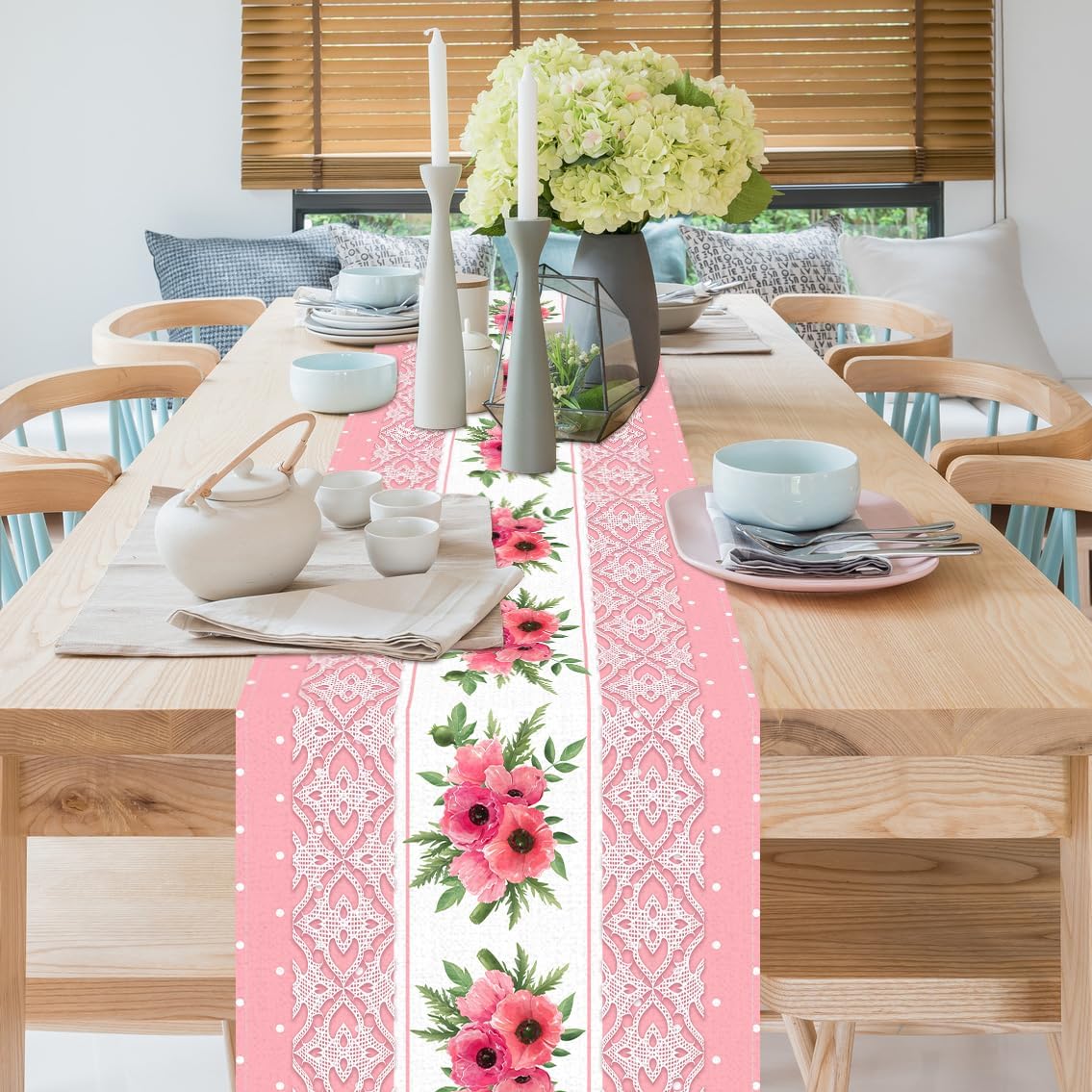 Pink Printed Lace Floral Spring Table Runner, 13x72 Inch