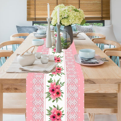 Pink Printed Lace Floral Spring Table Runner, 13x72 Inch