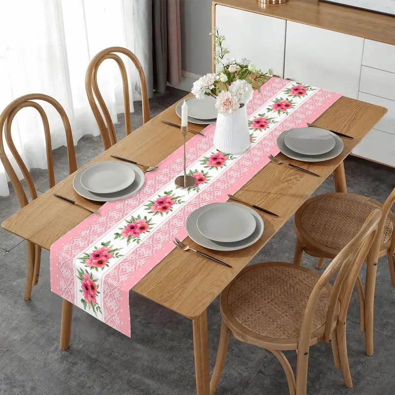 Pink Printed Lace Floral Spring Table Runner, 13x72 Inch