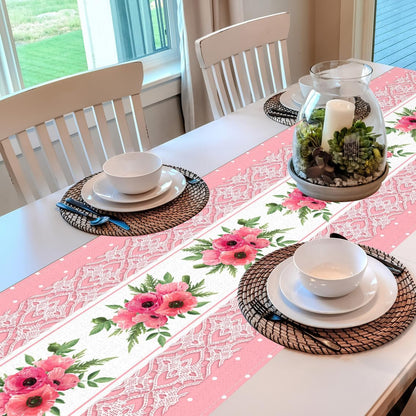 Pink Printed Lace Floral Spring Table Runner, 13x72 Inch