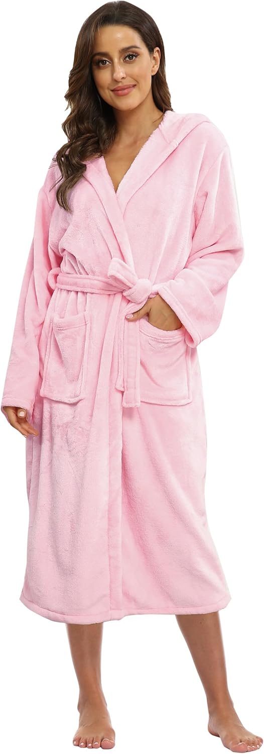 Women's Plush Hooded Bathrobe Winter Warm Robes Soft Fleece Long Robe Luxury Dressing Gown