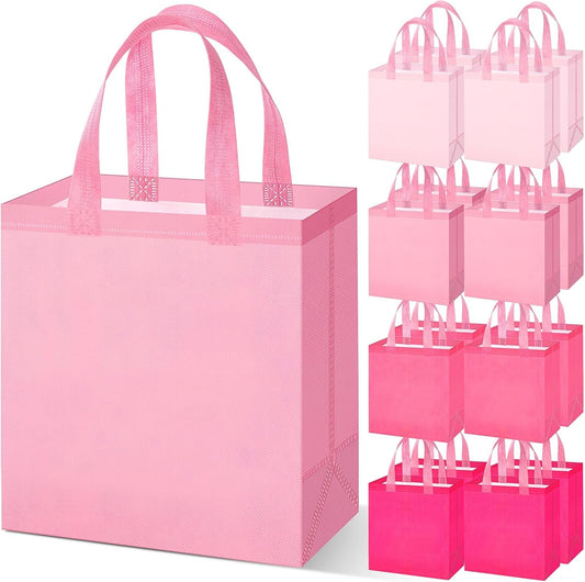 16 Pcs Pink Gift Bags with Handles for Women, Reusable Party Favor Bags Non Woven Goodie Bag for Baby Shower, Bridal Shower, Birthday, Wedding, Graduation Gifts, Boutique Shopping